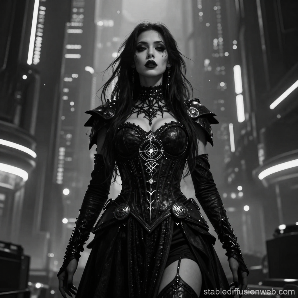 Gothic Cyberpunk Witch in Futuristic Cityscape