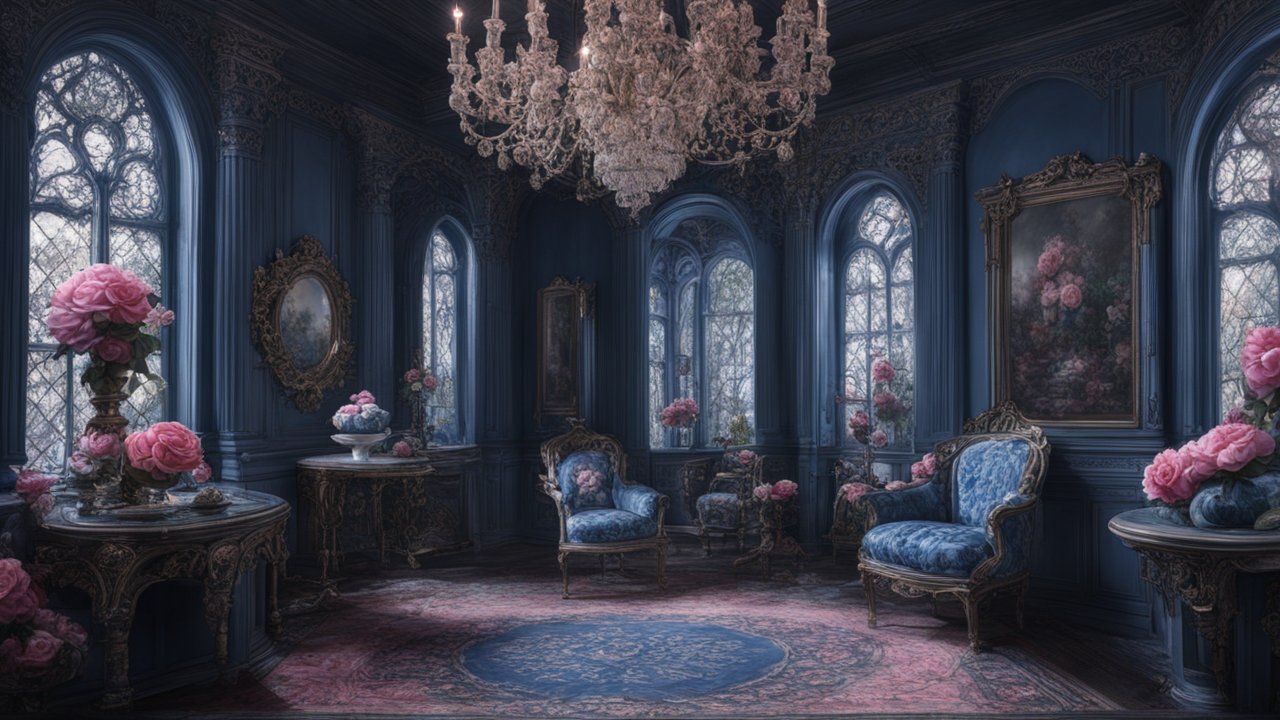 Gothic Dark Haunted Blue Parlor with Pink Roses