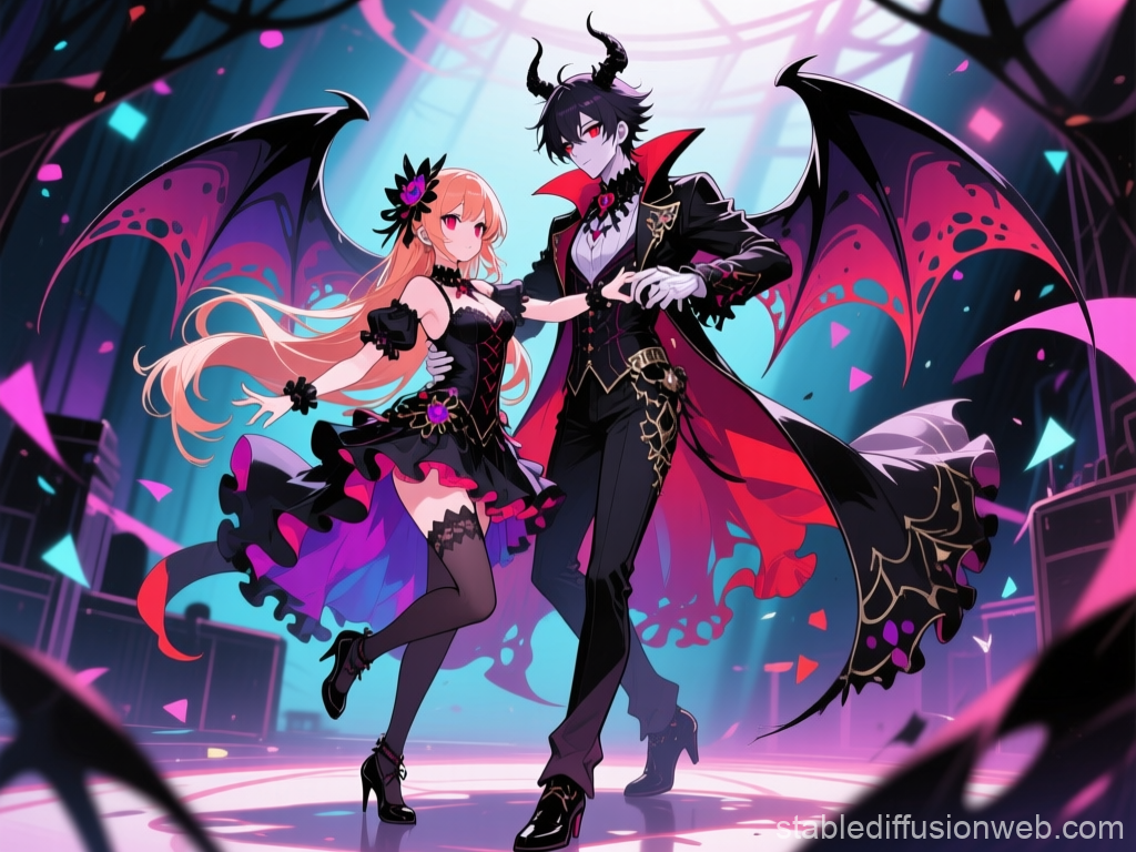 Gothic Demon Couple Dancing in a Vibrant Ballroom