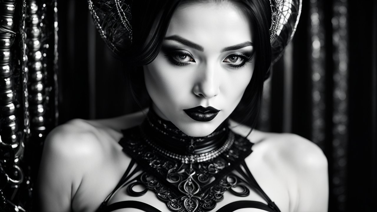 Gothic Elegance: Detailed Black and White Portrait of a Woman