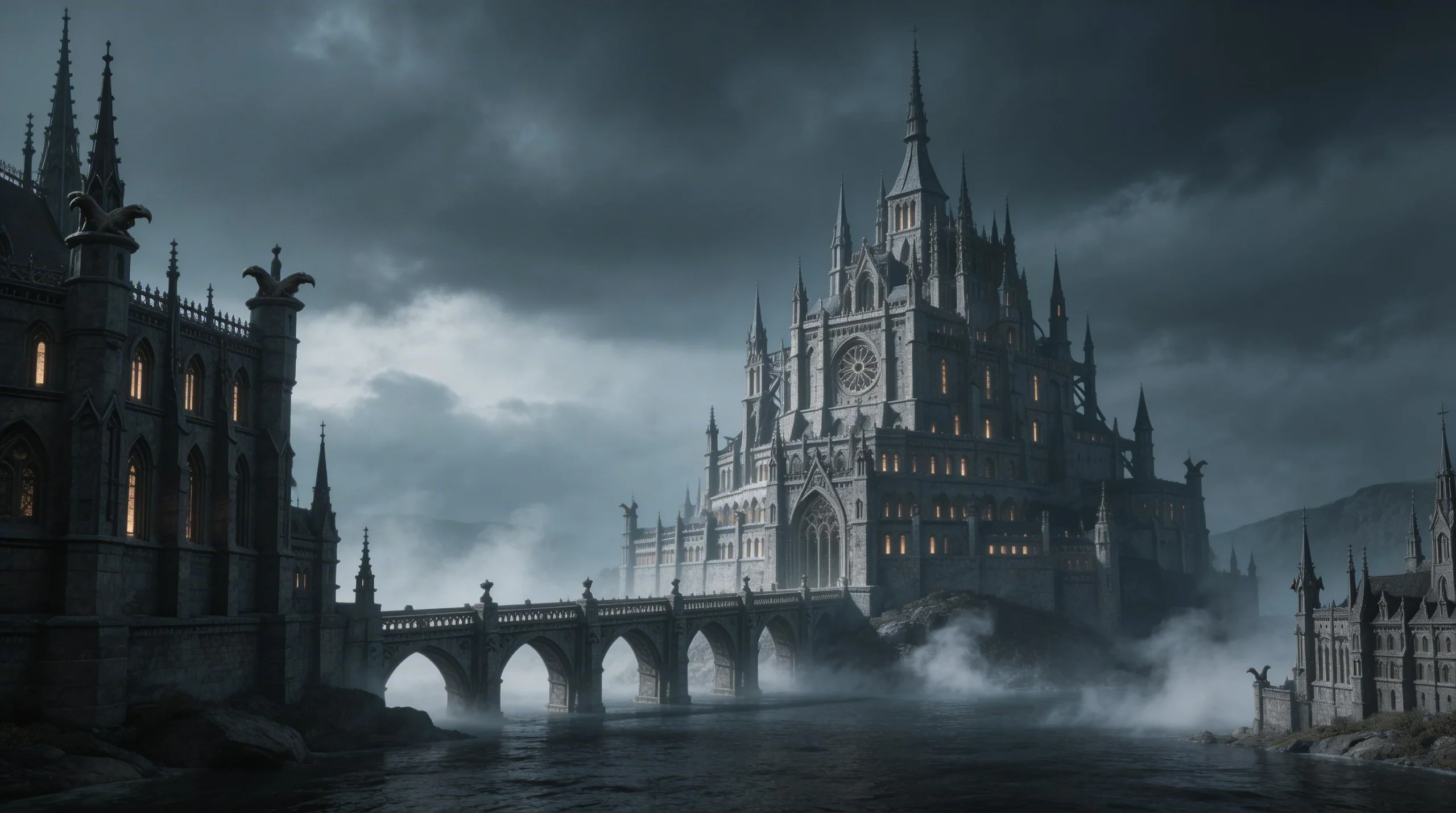 Gothic Fortress by Misty Lake at Dusk