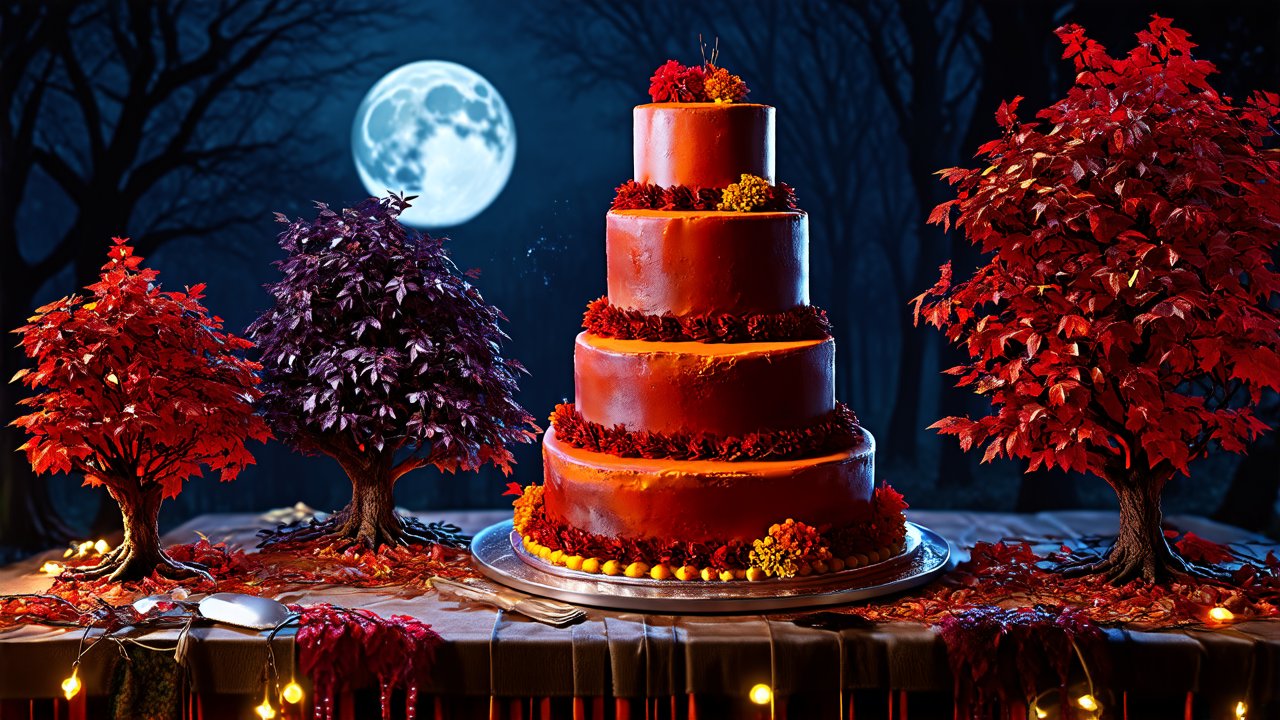 Gothic Four-Tier Cake with Autumn Trees Under Full Moon