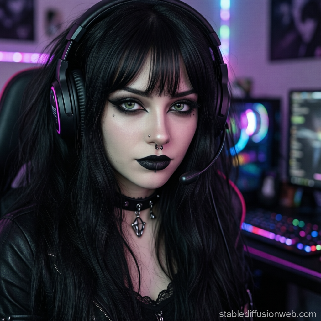 Gothic Gamer Woman with Piercings and Headset
