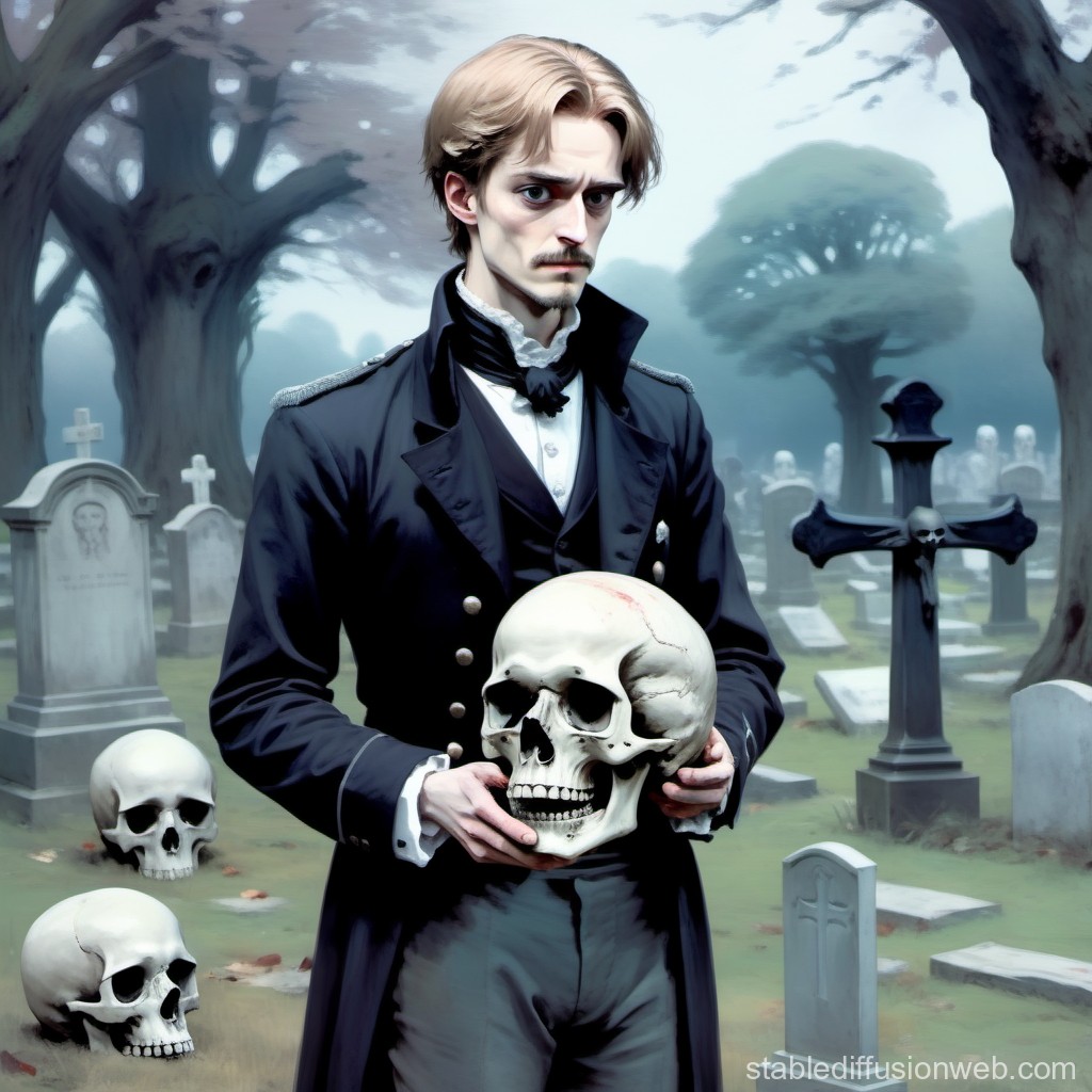 Gothic Gentleman Holding Skull in Foggy Cemetery