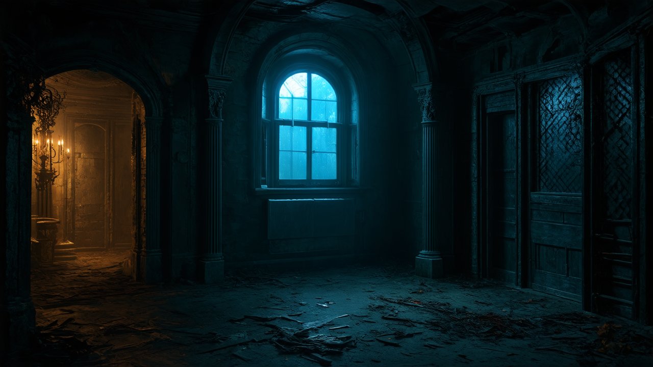 Gothic Haunted Room with Eerie Lighting