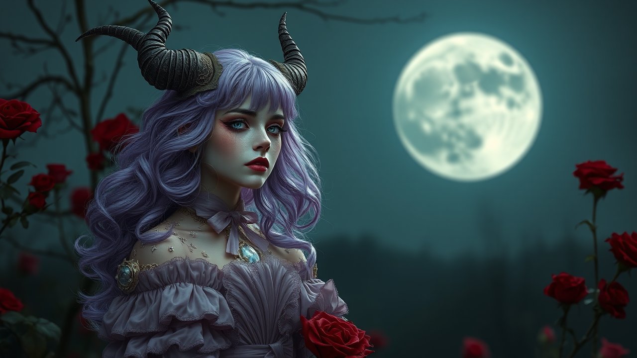 Gothic Horned Girl with Lavender Hair Under Full Moon