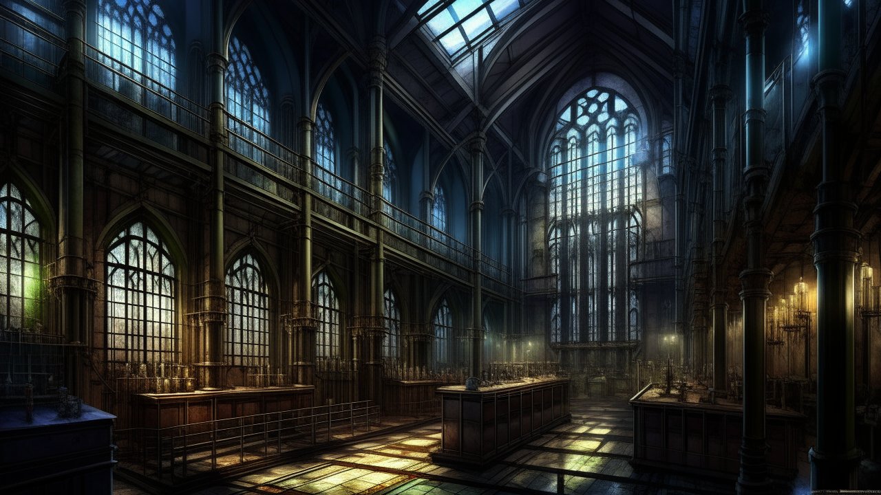 Gothic Industrial Interior with Stained Glass Windows