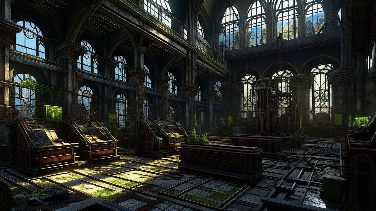 Gothic Industrial Interior with Sunlit Windows