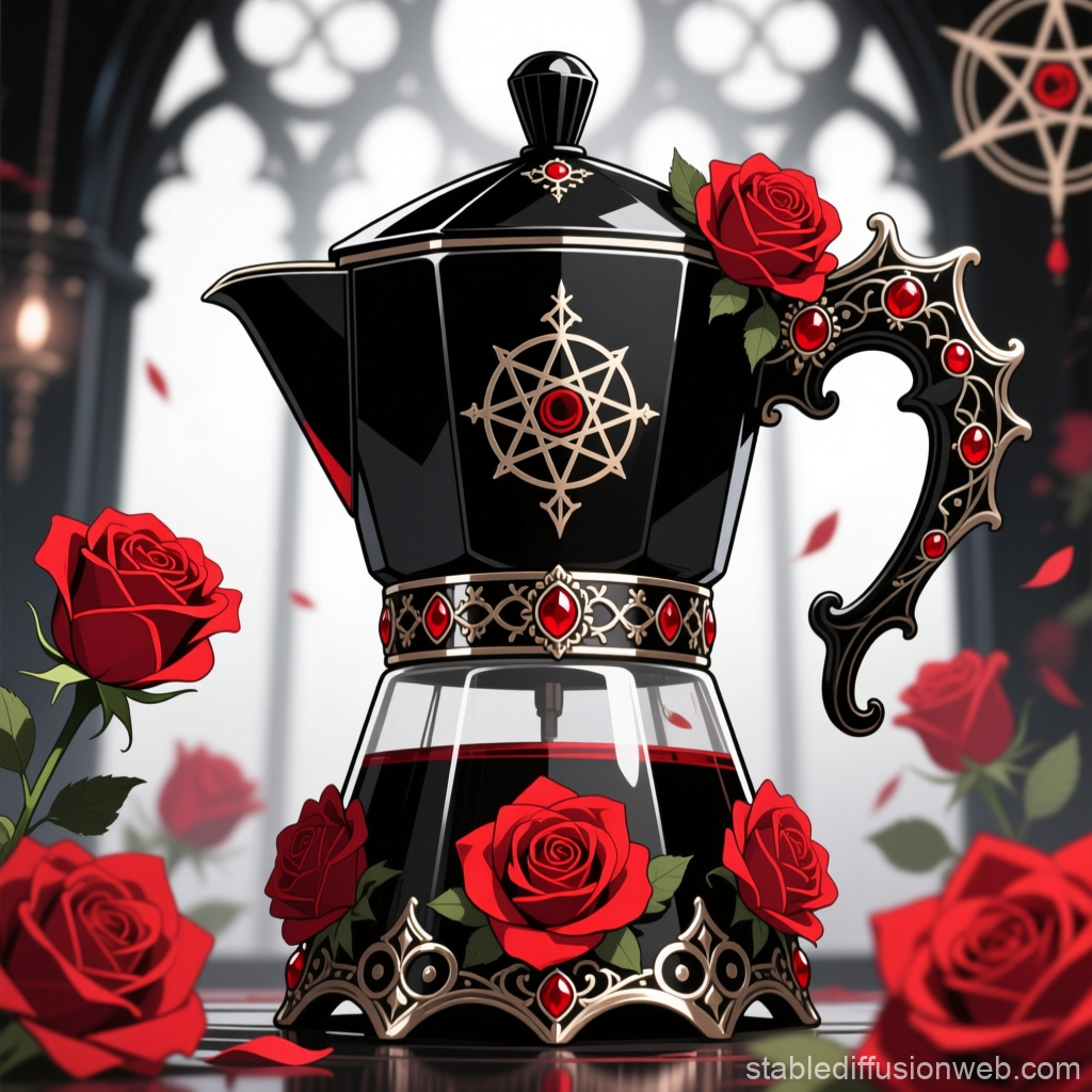 Gothic Italian Coffee Maker Adorned with Red Roses