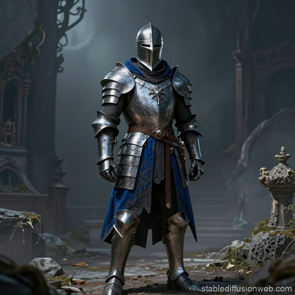 Gothic Knight in Full Armor Standing in Ruined Castle