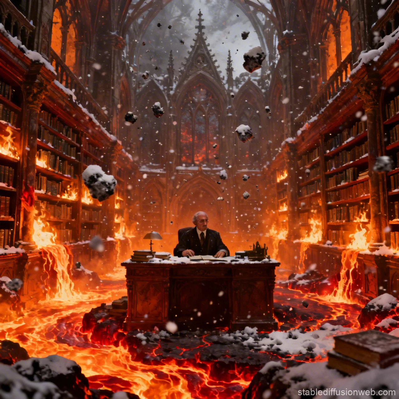 Gothic Library Engulfed in Lava with a Man at Desk