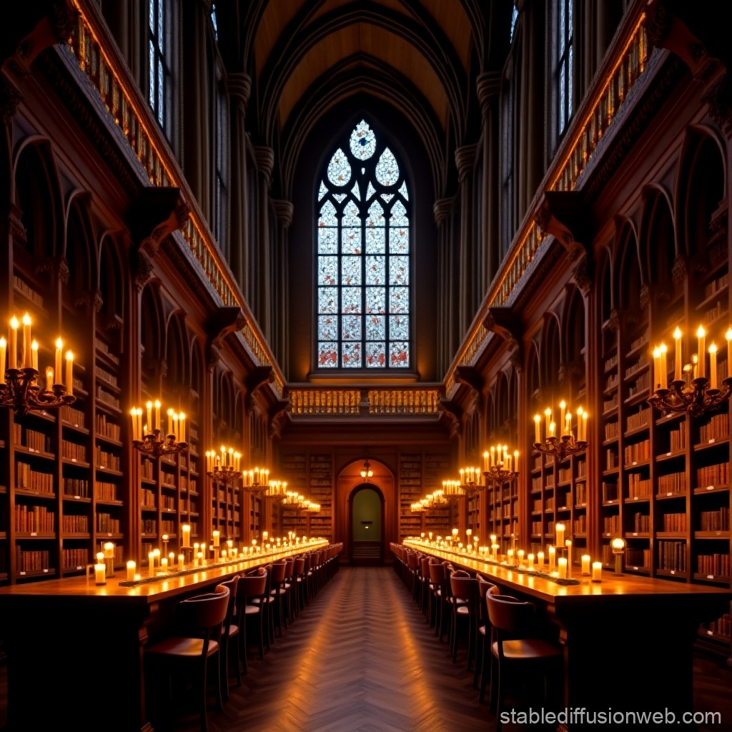 Gothic Library Interior with Candlelit Ambiance
