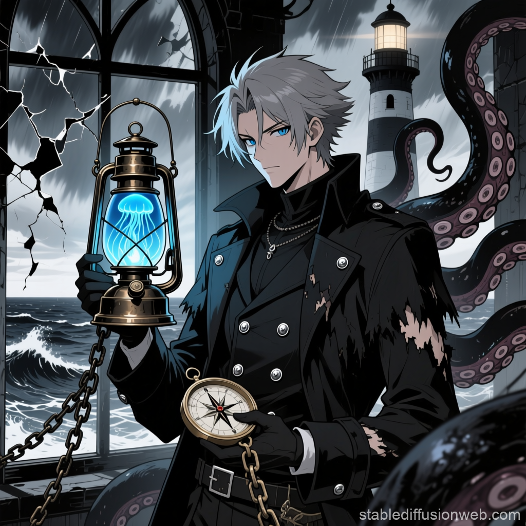 Gothic Lighthouse Keeper with Lantern and Compass