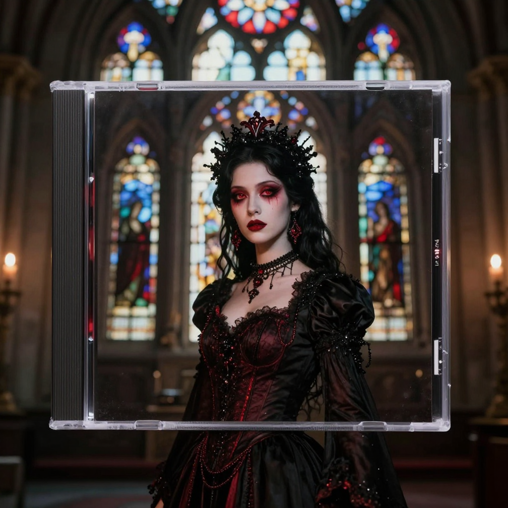 Gothic Metal Album Cover with Dark Queen in Cathedral