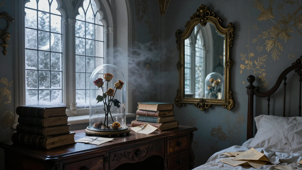 Gothic Noble Bedroom with Antique Decor and Frosted Window