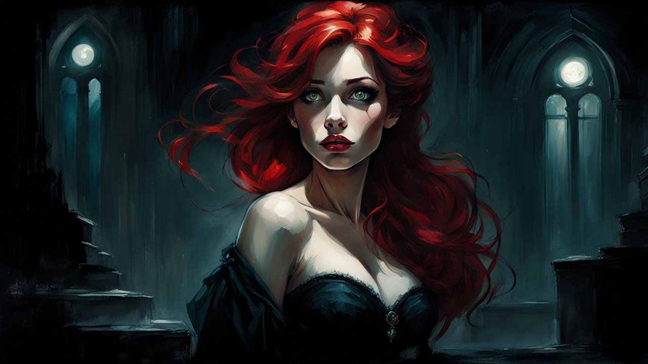 Gothic Red-Haired Woman in Moonlit Cathedral