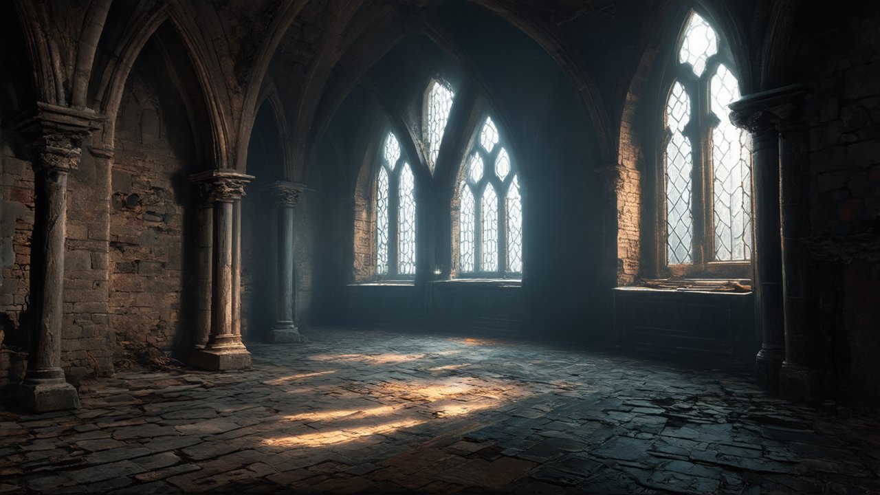 Gothic Ruined Hall with Light Streaming Through Stained Glass