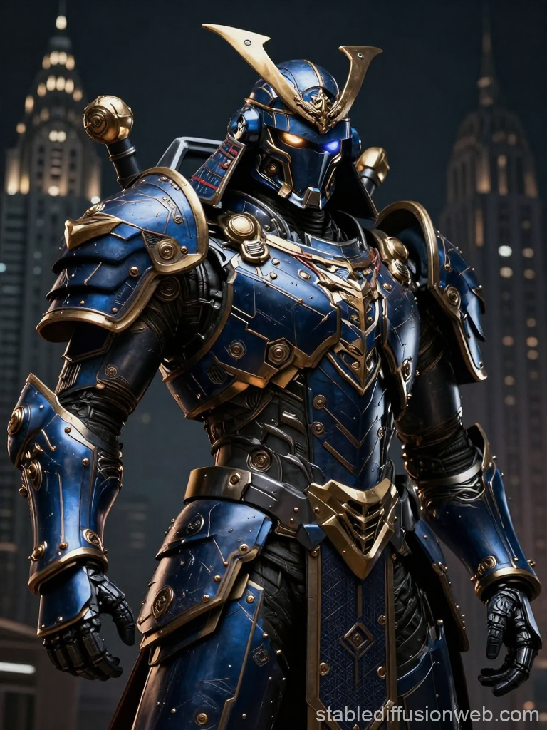 Gothic Sci-Fi Samurai Warrior in Blue and Gold Armor