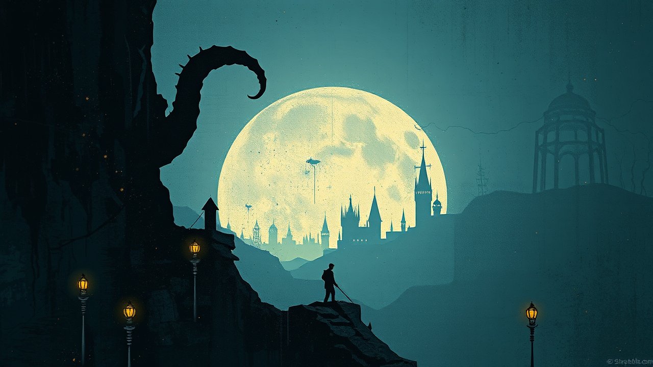 Gothic Silhouette with Giant Moon and Tentacle