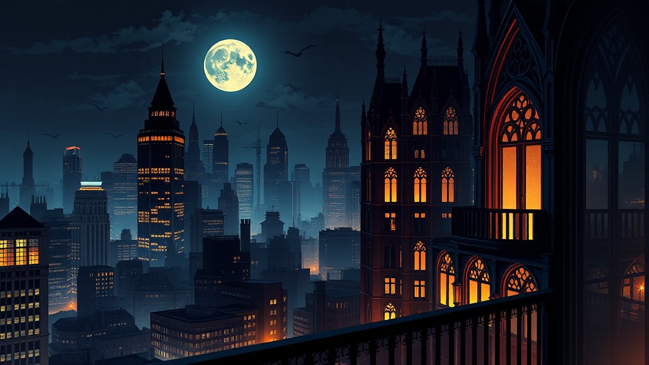 Gothic Style Modern Cityscape at Night with Full Moon