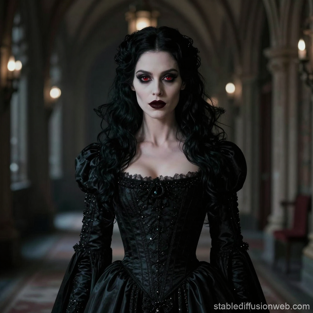 Gothic Vampire Woman in Dark Castle Corridor