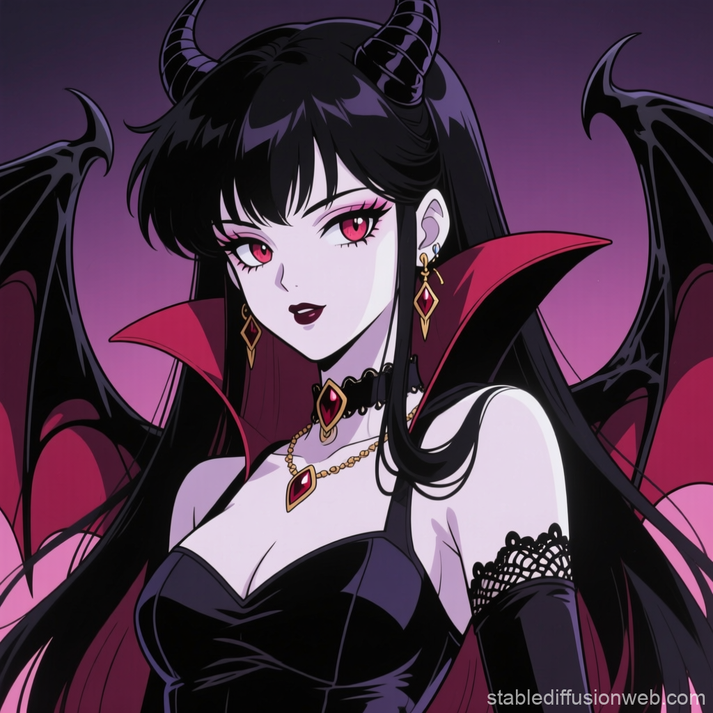 Gothic Vampiress with Horns and Bat Wings in Anime Style