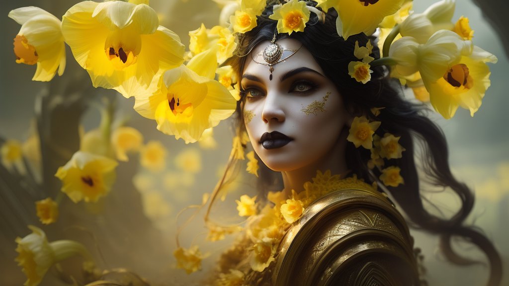 Gothic Woman Adorned with Yellow Daffodils