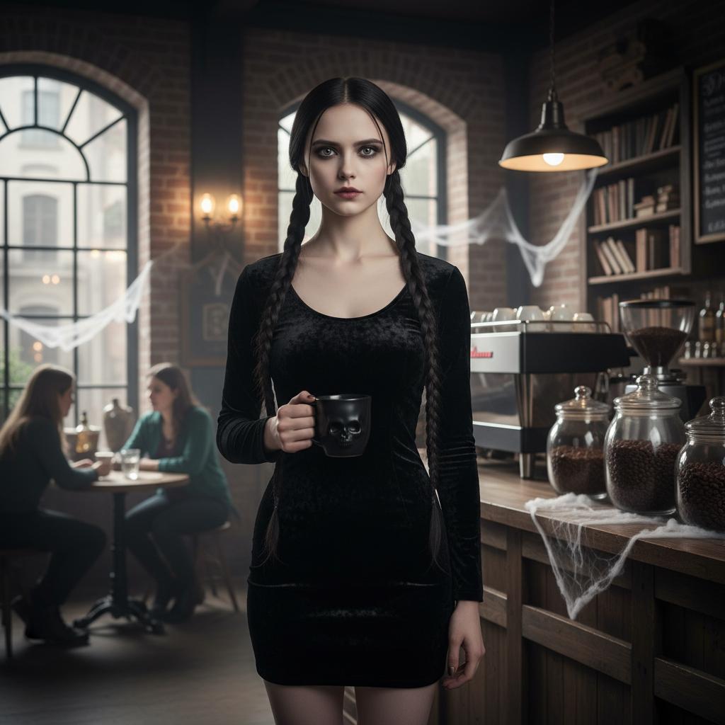 Gothic Woman in Cozy Coffee Shop with Halloween Decor
