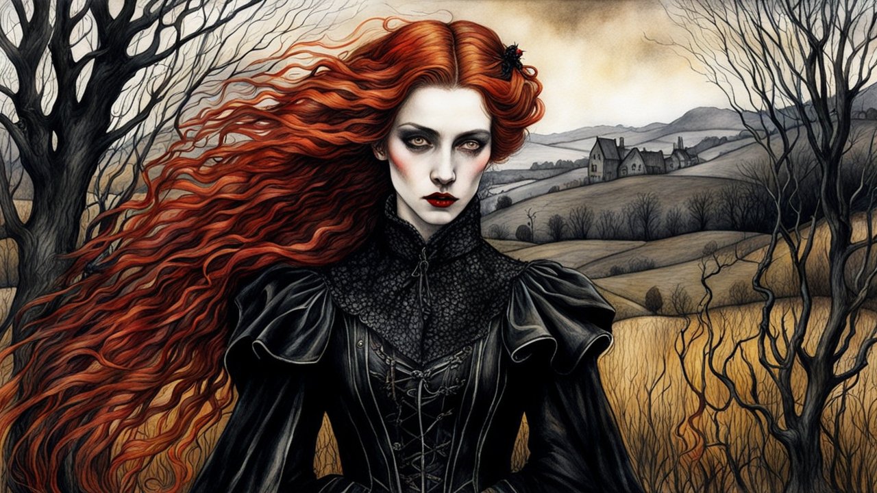 Gothic Woman with Fiery Red Hair in a Moody Countryside