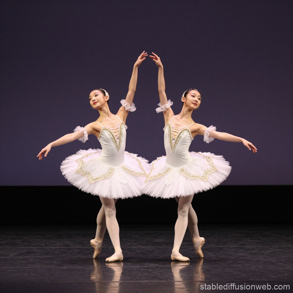 Graceful Ballet Duo in White Tutus on Stage