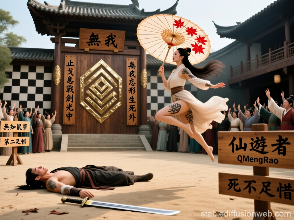 Graceful Martial Artist Leaps Over Fallen Opponent in Ancient Courtyard