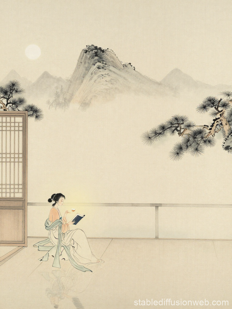 Graceful Woman Reading by Moonlight in Traditional Style