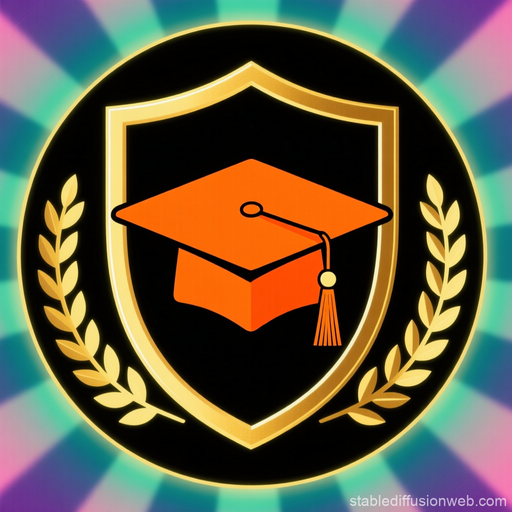 Graduation Cap Emblem with Golden Laurel on Radiant Background