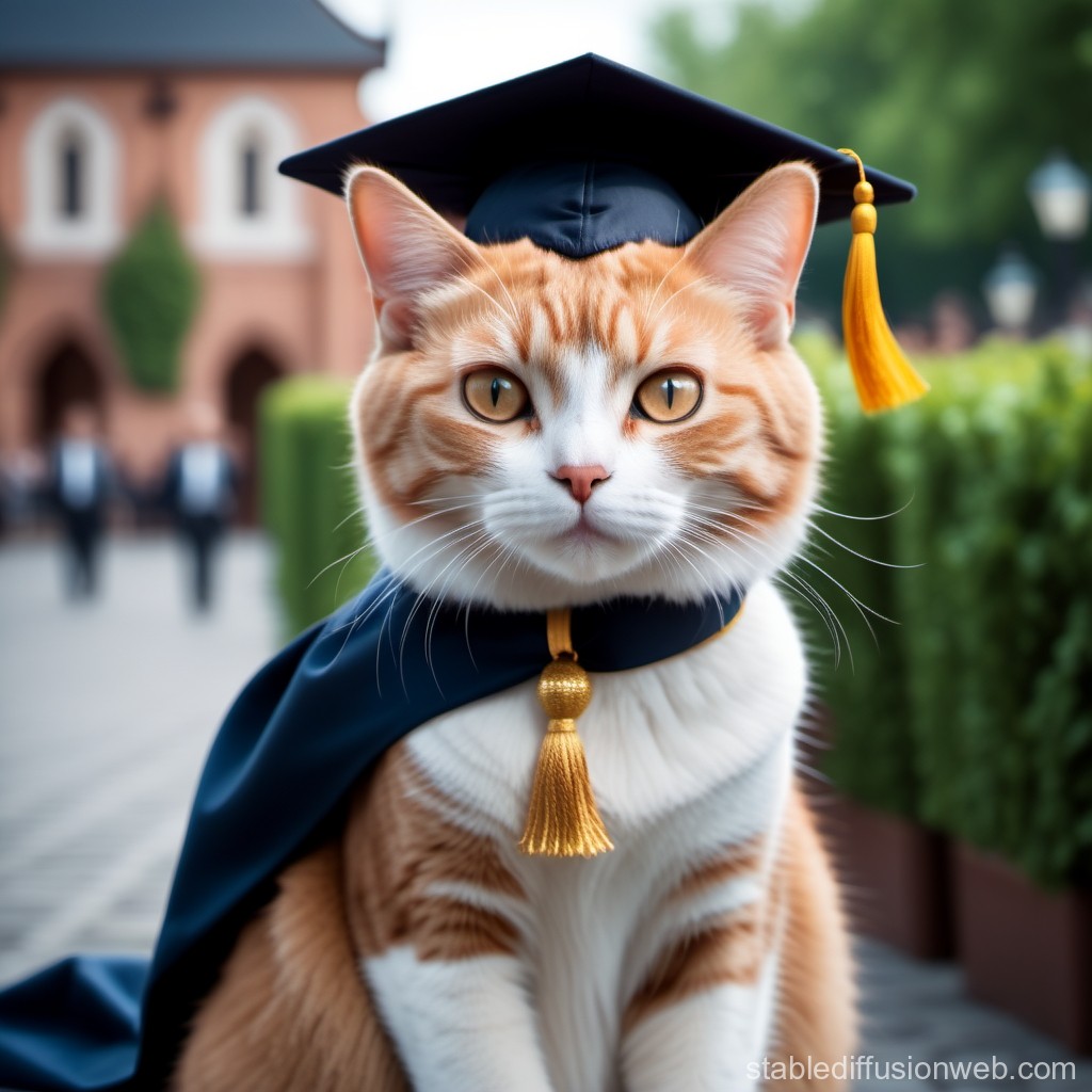 Graduation Cat Wearing Cap and Gown Outdoors