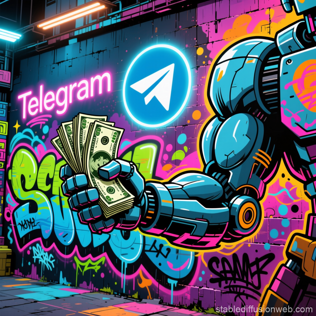 Graffiti Robot Arm Holding Money with Telegram Logo