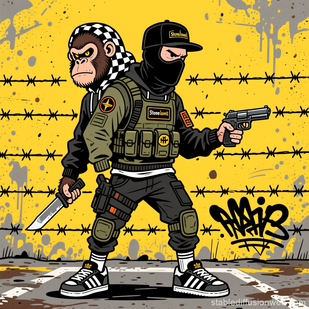 Graffiti Style Mutant Duo with Weapons on Yellow Wall
