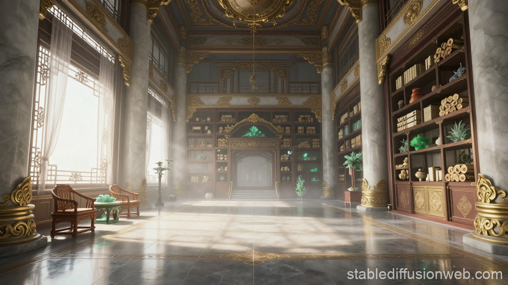 Grand Ancient Library Interior with Ornate Columns and Shelves