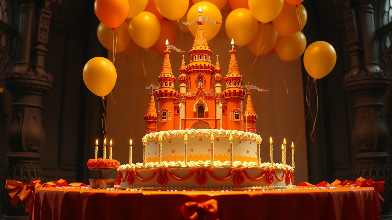 Grand Castle Birthday Cake with Orange Balloons