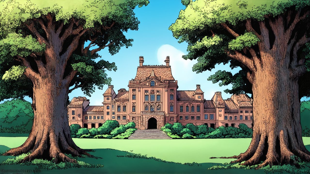 Grand Mansion Framed by Majestic Trees