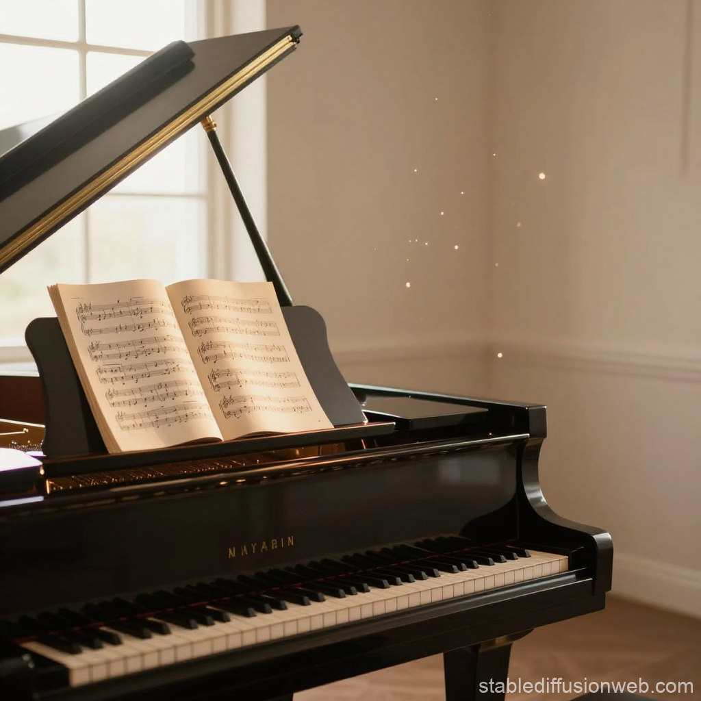 Grand Piano with Open Sheet Music in Sunlit Room