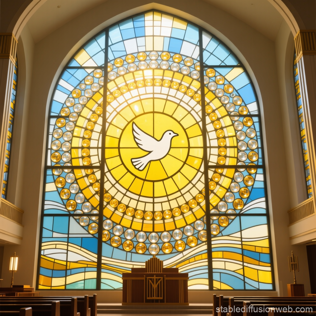 Grand Stained Glass Window Featuring a Dove in a Church