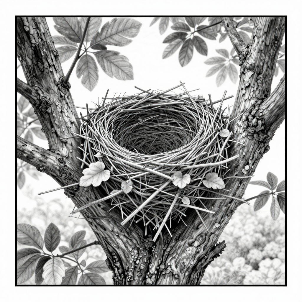Graphite Sketch of a Bird's Nest in a Tree