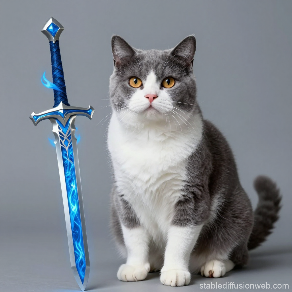 Gray Cat Paladin with Enchanted Blue Sword