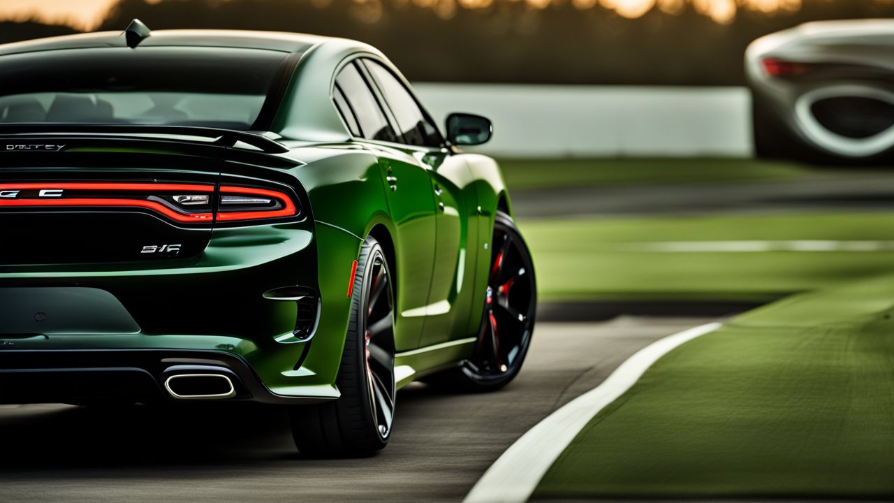 Green Dodge Charger SRT on Race Track at Sunset