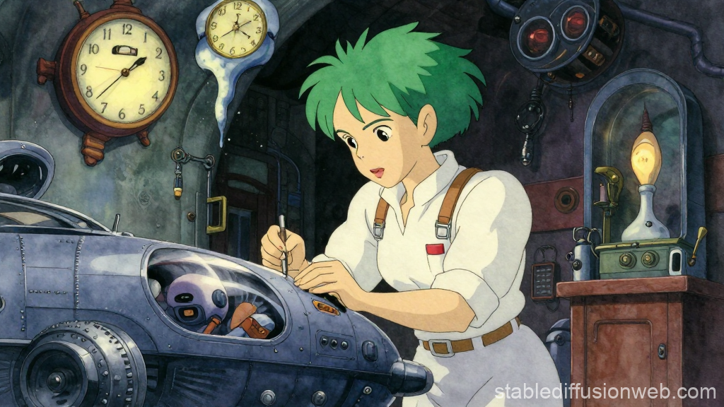 Green-Haired Mechanic Working on Futuristic Vehicle