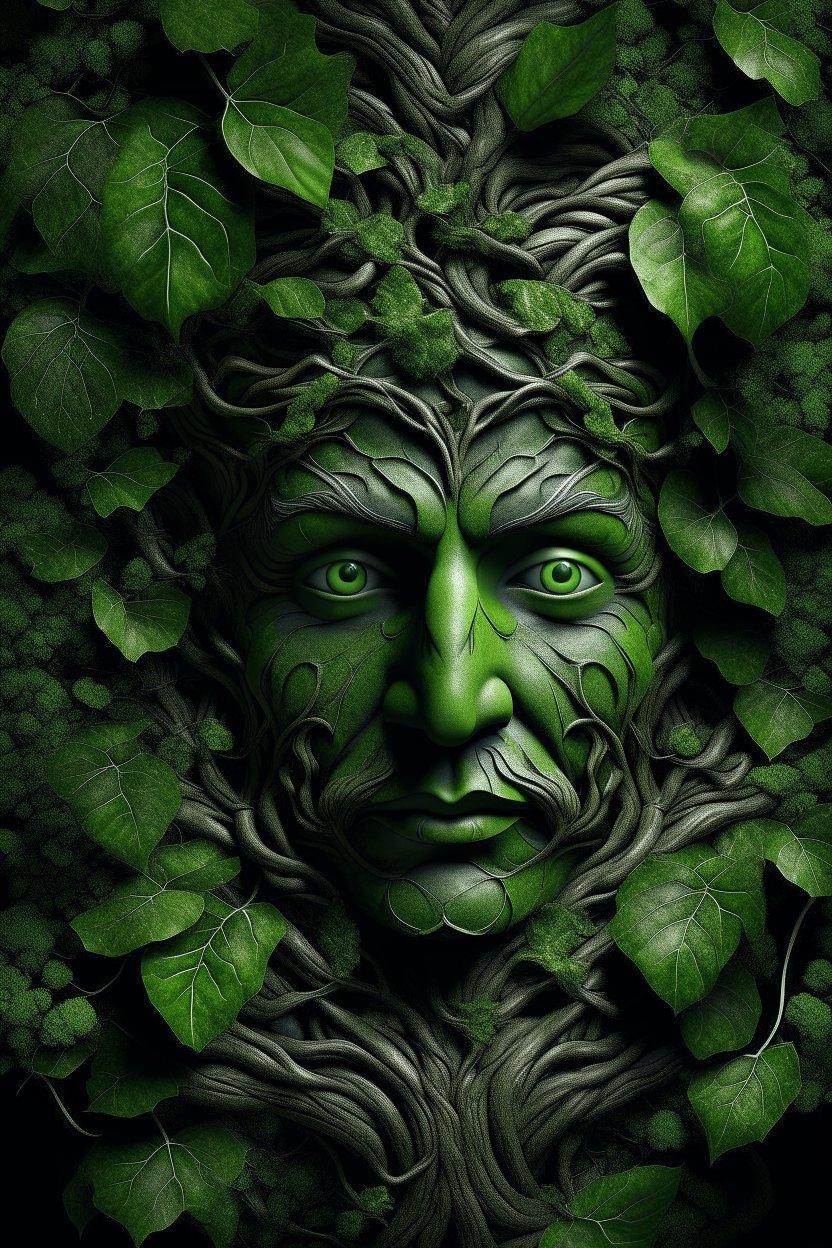 Green Man Face Emerging from Twisted Vines and Leaves