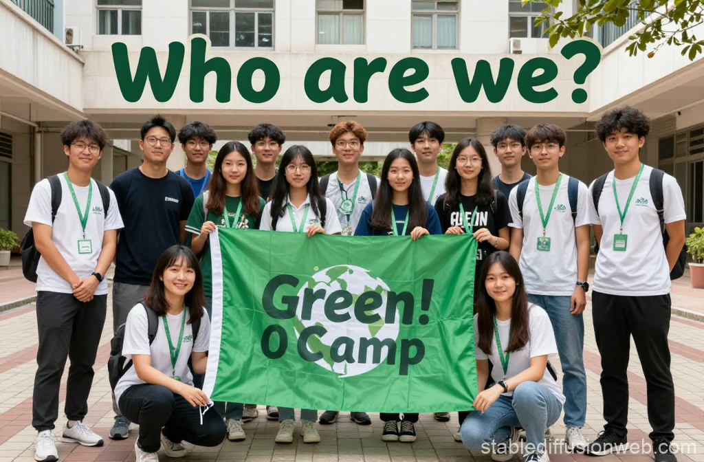 Green O Camp Student Group Photo with Banner