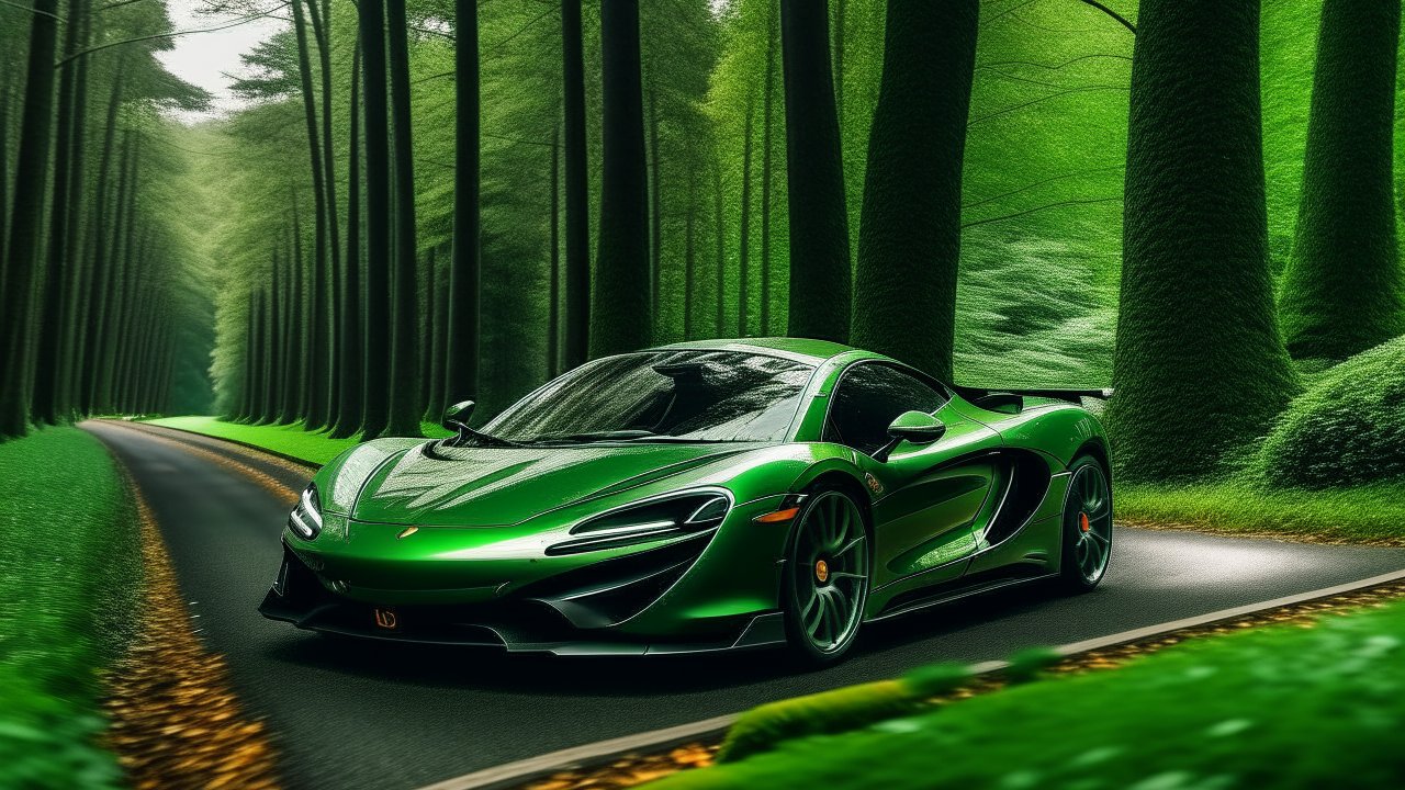 Green Sports Car on Forest Road