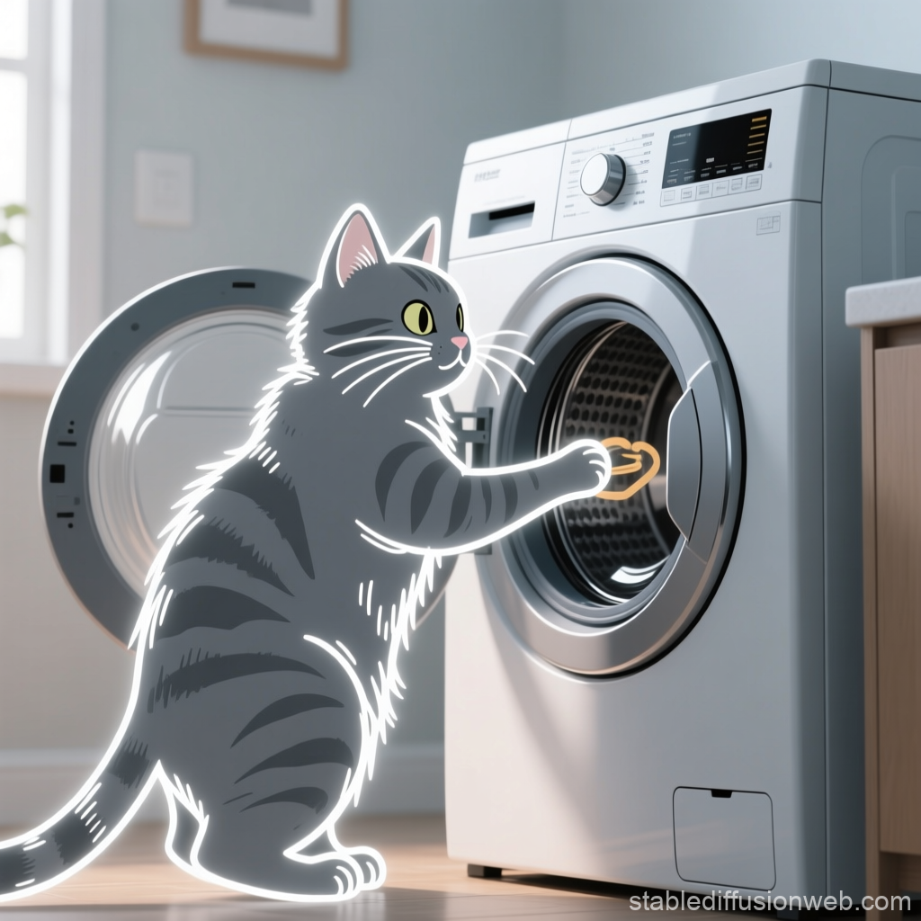 Grey Cat Interacting with Washing Machine
