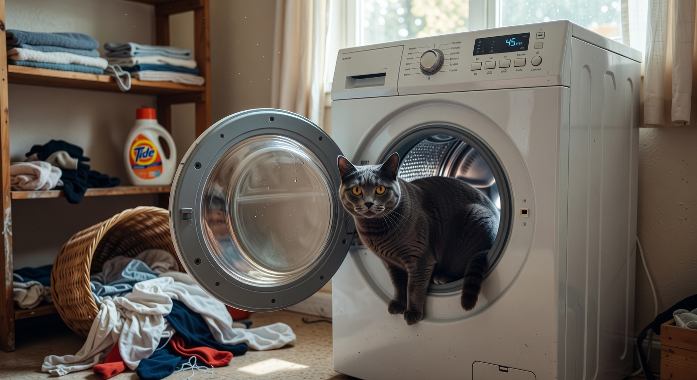 Grey Cat Using Washing Machine